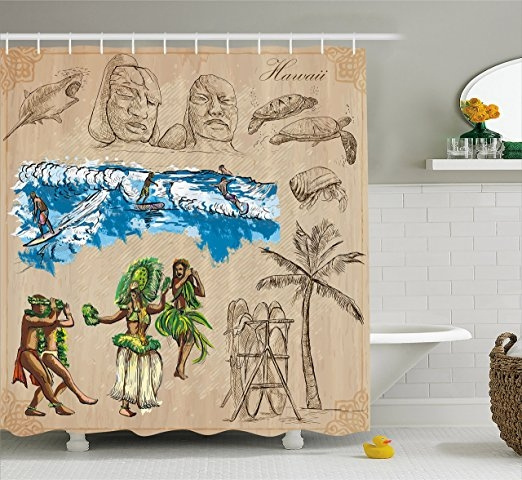 Vintage Hawaii Shower Curtain Hand, Tiki Shower Curtain Hooks
