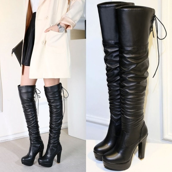 Women Leather High Chunky Heel Platform Over Knee Boots Thigh Warm Shoes Fashion 