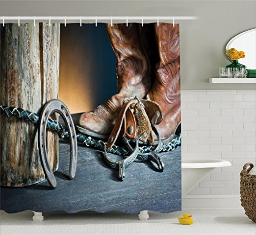 Western Shower Curtain, Dated Vintage Horseshoe Whip Spurs Rustic Texas 