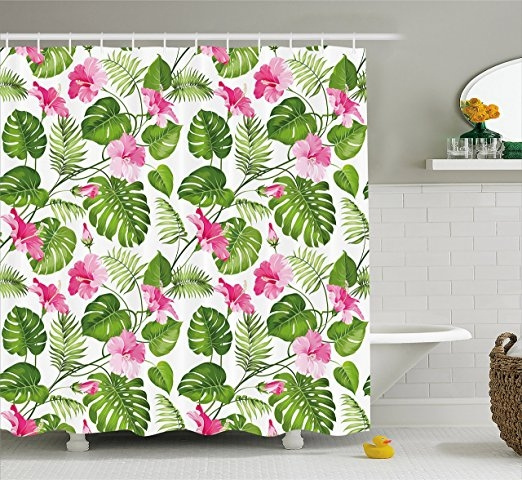 Flowers Hibiscus Plumeria Palm Leaves Bathroom Fabric Shower Curtain & Hooks 71" 