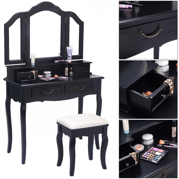 Black Tri Folding Mirror Vanity Set 4, Black Makeup Vanity Set