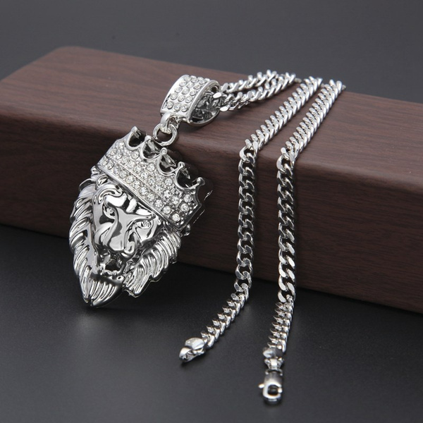 MEN 925 STERLING SILVER ICY DIAMOND BLING SILVER/GOLD LION HEAD PENDANT*SP190 