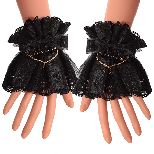 Details about   1pair Lolita Victorian Lace Cuffs Wrist Cuff with Tulle Steampunk Cuffs 2 Colors
