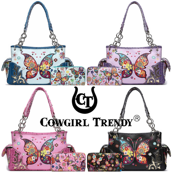 Butterfly Western Style Handbag Concealed Carry Purse Women Shoulder Bag Wallet