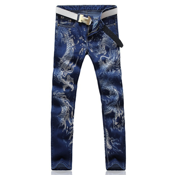 Men's Fashion Casual Long Jean Dragon Print Jeans Male Colored Drawing  Painted Slim Denim Pants Trousers | Wish