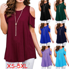 XS-5XL Women's Fashion Summer Solid Color O-Neck Cold Shoulder Short Sleeve T Shirt Ladies Casual Loose Cotton Tops Blouse Plus Size