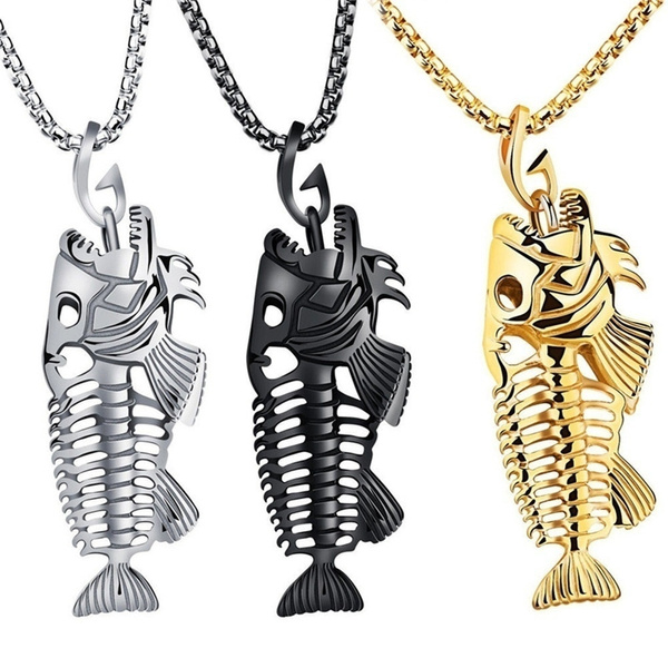 Unisex Fish Bone Stainless Steel Pendant Necklace Fishing Hook Surfer Chain
