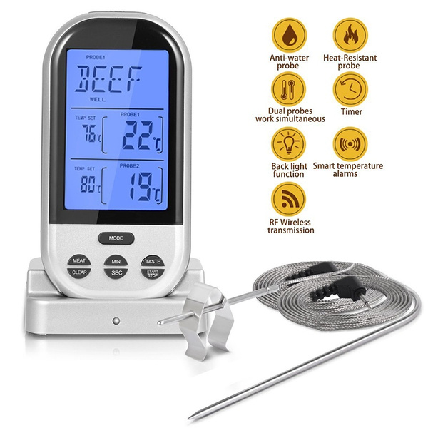 Wireless Meat Thermometer With Digital LCD,Clock Timer and Dual probes