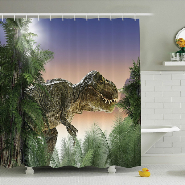 Dinosaur Green Mountain Scenery Shower Curtain Set Bathroom Waterproof Fabric 