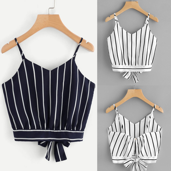 Women's Self Tie Back V Neck Striped Crop Cami Top Camisole Blouse ...