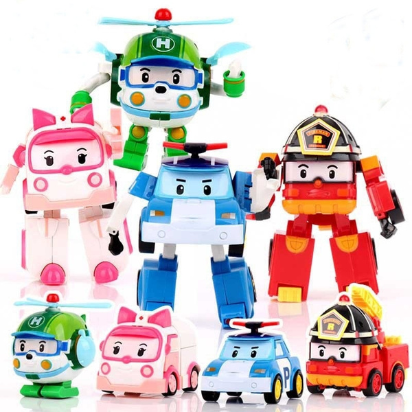4pcs Robocar Poli Ambe Roy Helly Robot Transformer Car Action Figure Kids Toys 
