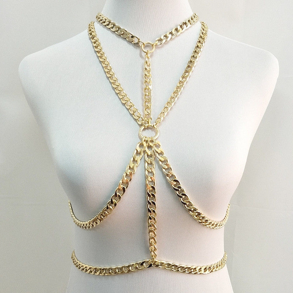 Women Metal Gold Body Chain Open Boob Sexy Bra Bralette Necklace