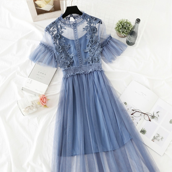 Details about   Lady Lace Hollow Out Dress Ruffle Mesh Elegant Fairy Gothic Lolita Retro Fashion