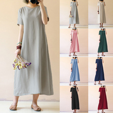 New M-5XL Women's Dress Cotton Linen Short Sleeve Vintage Casual Loose Comfy Solid Dress