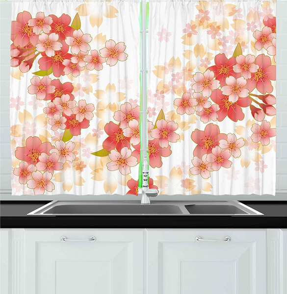 Japanese Cherry Blossom Romantic Paint Eastern Oriental Art Window Drapes 2 Panel Set for Kitchen Cafe Decor 55 X 39 Ambesonne Flower Kitchen Curtains Fuchsia Purple 