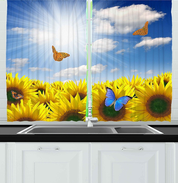 Kitchen Decor Collection Sunflowers In The Meadow With Flying Butterflies Floral Image Country Style Home Design Window Treatments For Kitchen Curtains 2 Panels Bathroom Shower Curtain Wish