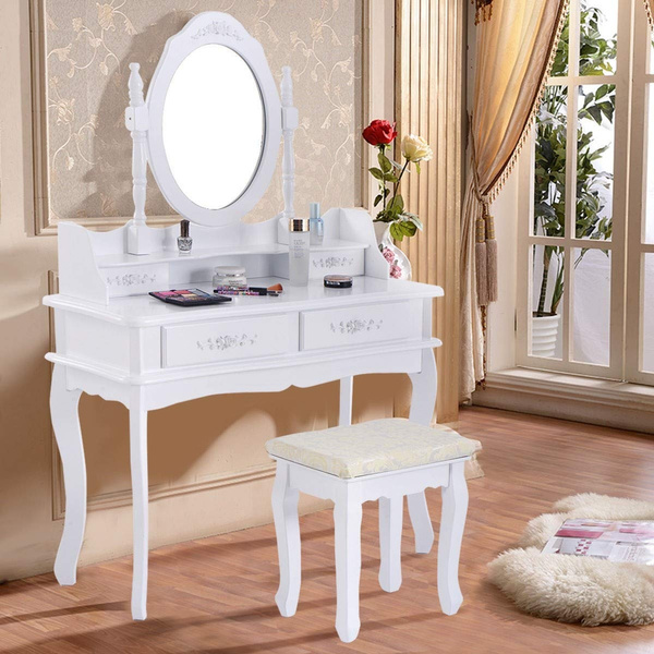 Vanity Table Set With Oval Mirror 4 Drawers Wood Makeup Dressing Bathroom And Cushioned Stool White Wish Vanity Table Set With Oval Mirror 4, Vanity Set With Mirror For Bathroom