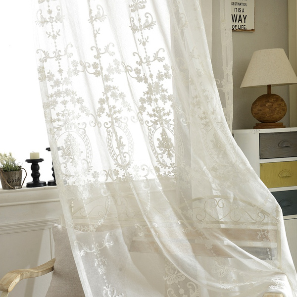 White Floral Embroidery Sheer Curtain Modern Tulle Voile Curtain Panels 1 Piece 