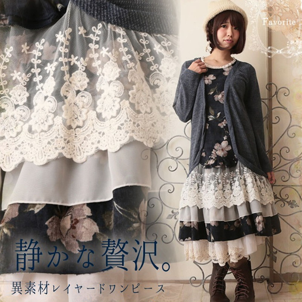 Harajuku Autumn Mori Girl Pleated Dress Women's Fake Two Piece Multi ...