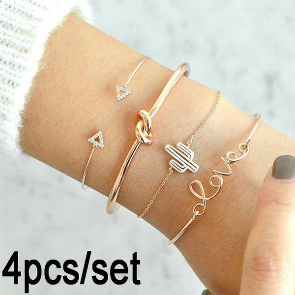 4pcs/set Exquisite Simple Knot Love Gold Opening Bracelet Set Vintage  Beautiful Leaf Arrow Bangle Cuff Bracelets Causal Women Jewelry Accessories  Gift