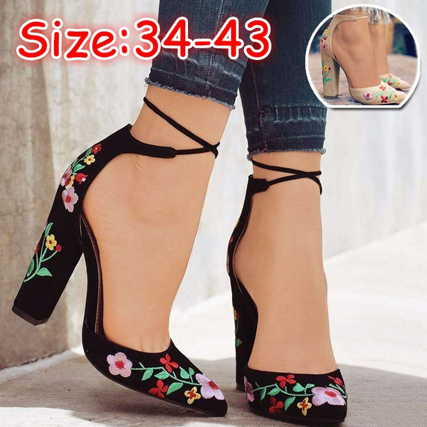 New Ladies Women Rose Embroidery High Block Heels Sandals Ankle Strap Shoes Size