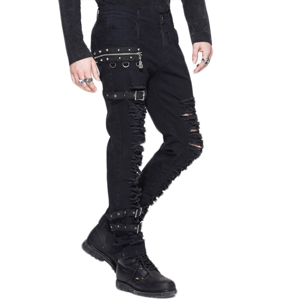 Mens Punk Pants Buckle Strap Zipper Overalls Cotton Cargo Combat Gothic  Trousers | eBay
