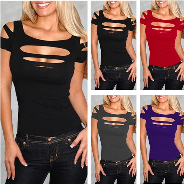 Blouses Short Sleeve Slim Ripped 