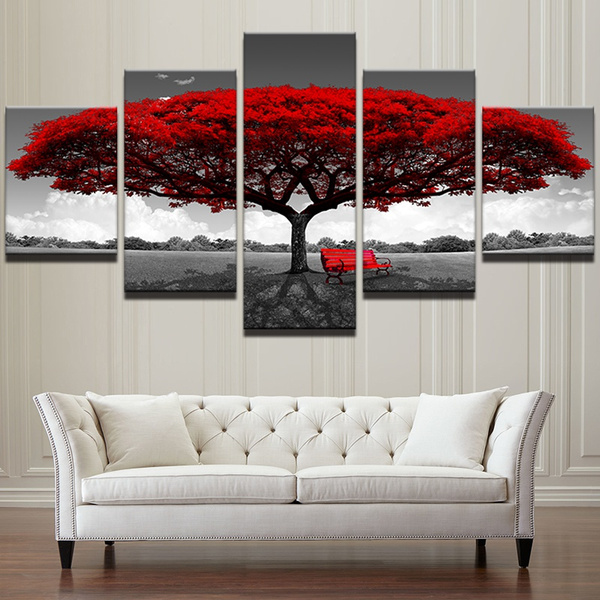 Red Black Grey Art Home Decor Hd Printed Wall Picture 5 Piece Big Tree Scenery Landscape Canvas Painting For Living Room Wish Art Scenery Landscape Canvas Painting, Red And Black Living Room Wall Decor