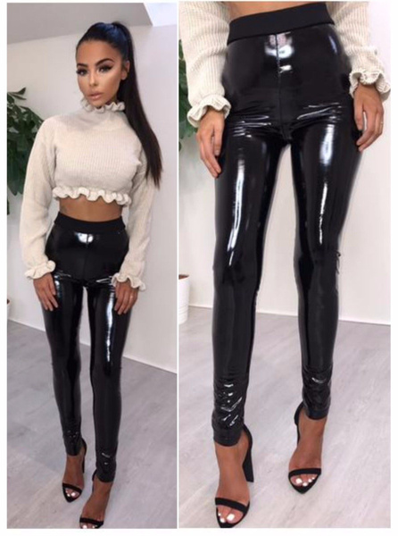 Women Ladies Vinyl PVC Wet Look Shiny Disco Elasticated High Waist Leggings  Pant