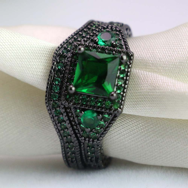 Size 9 Green Emerald Engagement Ring 10KT Black Gold Filled Wedding Jewelry 