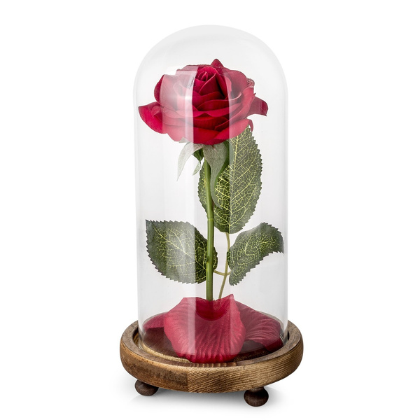 Beauty And The Beast Rose Kit Red Silk Rose And Led Light With Fallen Petals In Glass Dome On Wooden Base For Home Decor Holiday Party Wedding Anniversary Wish