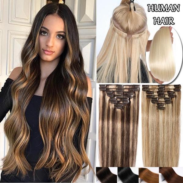 100% Real Human Hair Extension 8pcs per set full head hair extension can be  restyled | Wish