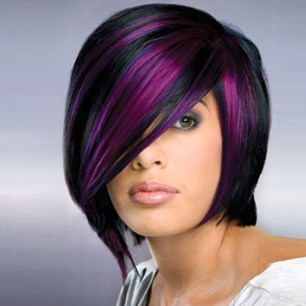 Mixed Color Full Wigs Black Fuchsia Black Hair Heat Resistant Synthetic  Short Bob Wigs for Women Halloween Wig Costume Party Wigs Pixie Cut Black &  Purple Cosplay Wig The Bobs Cut Bangs