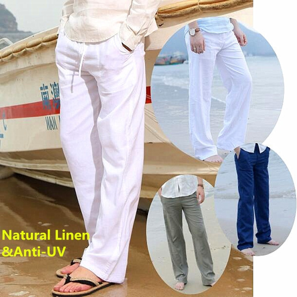 Natural Linen Comfortable Beach Anti-UV Beach Men's Summer Casual Pants ...