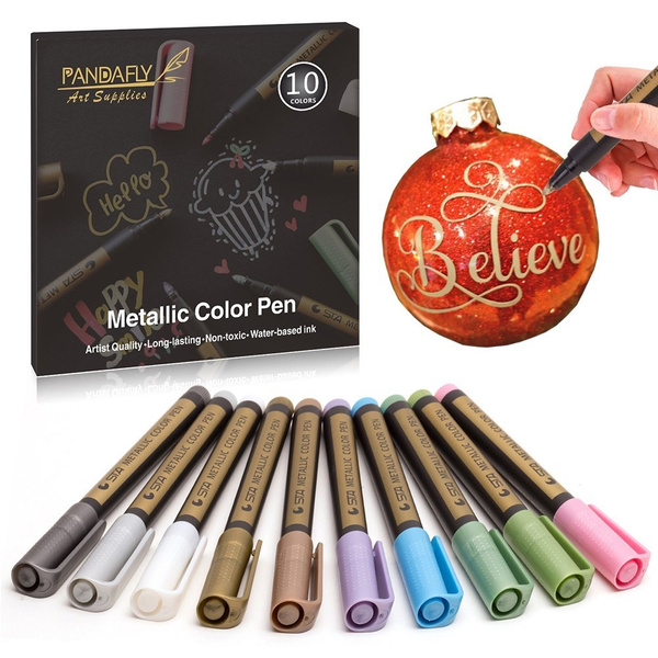 Fine Metallic Markers Paint Pen - Set of 10 Colors, Permanent Glitter Pens  For Black Paper, Painting Rocks, Glass Glitter Paint Writing, Mug Design,  Photo Album, DIY Craft Kids, Gift Card Making