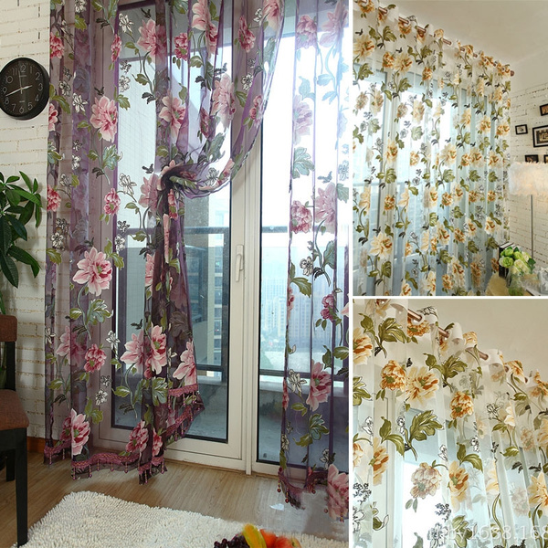 Floral Tulle Curtains For Living Room Purple Sheer Curtains For Children