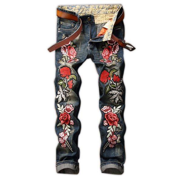 rose embroidered jeans mens