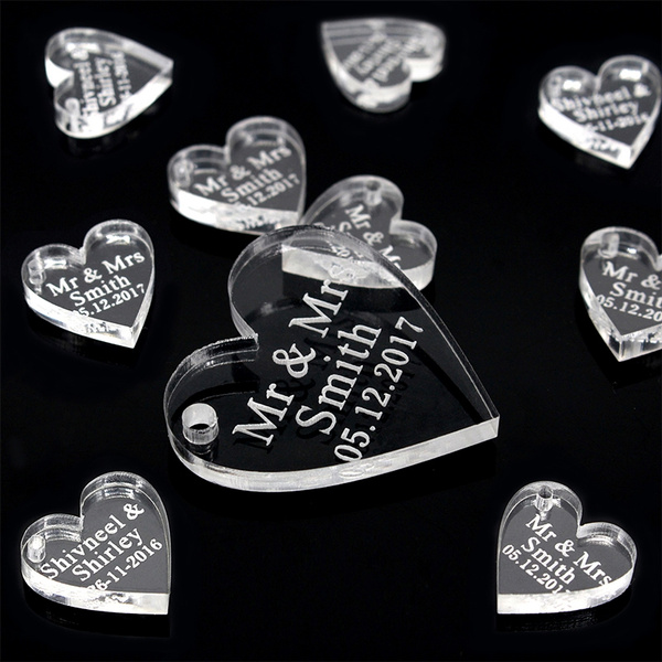 Personalised CLEAR LOVE HEART Mr & Mrs Wedding Favour Table Decorations 