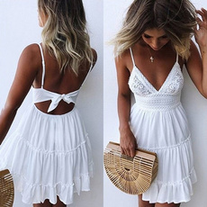 Summer, Slim Fit, Lace, Deep V-neck Dress