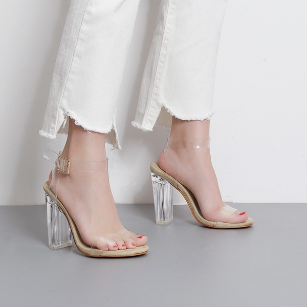 Women Transparent Clear Block Heels PVC Open Toe Cross Strap Slip On Mules  Shoes