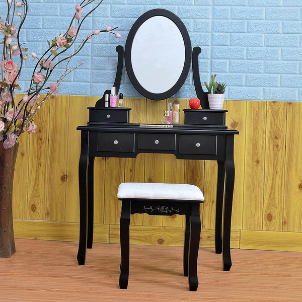 Black Vanity Dressing Table 5 Drawers Oval Mirror Bedroom Makeup Desk With Stool Wish