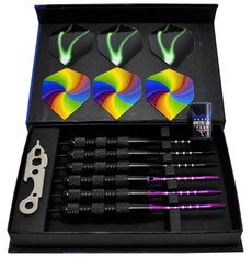 Professional Darts Set 20g Grams 6 Pack of Steel Tip Darts with Purple&Black Aluminum Shafts and 2 Style Flights + Dart Sharpener + Multi-tool + Case