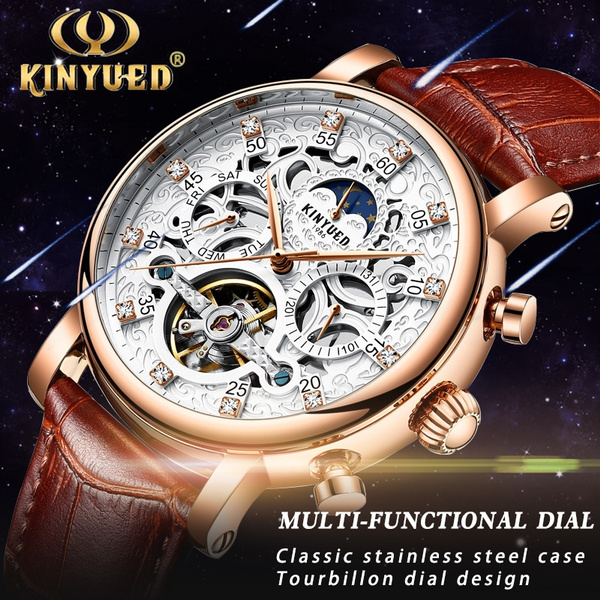 KINYUED Mens Date Skeleton Tourbillon Automatic Mechanical Watches Sport Genuine Leather Wristwatch Montre Uhren with Gift Box