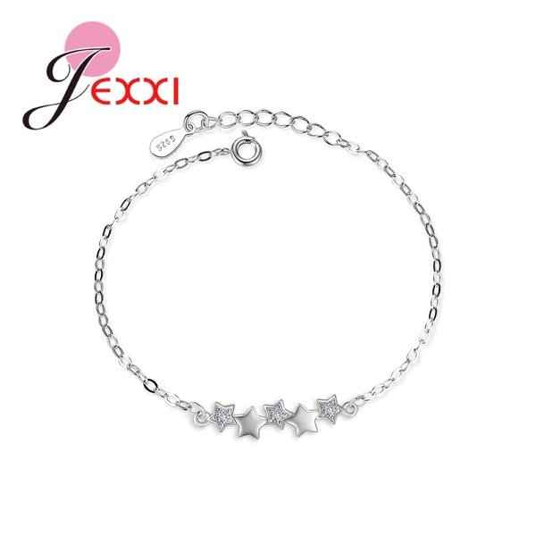 Women Girl 925 Sterling Silver Silver Curve Bar Double Chain Hand Bracelet  6-7