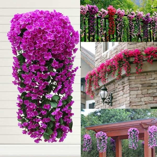 Artificial Fake Silk Violet Orchid Flower Rattan Plant Basket Wall Hanging Decor 