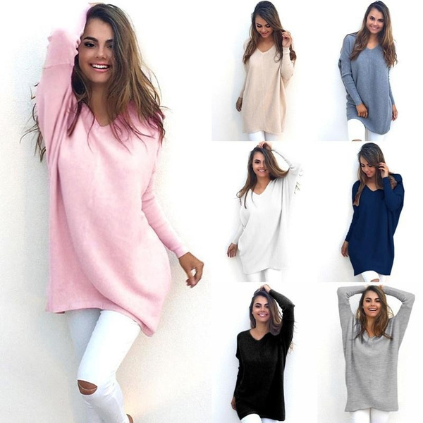 Women Spring Autumn Dress V-Neck Loose Knitted Oversized Baggy Sweater ...