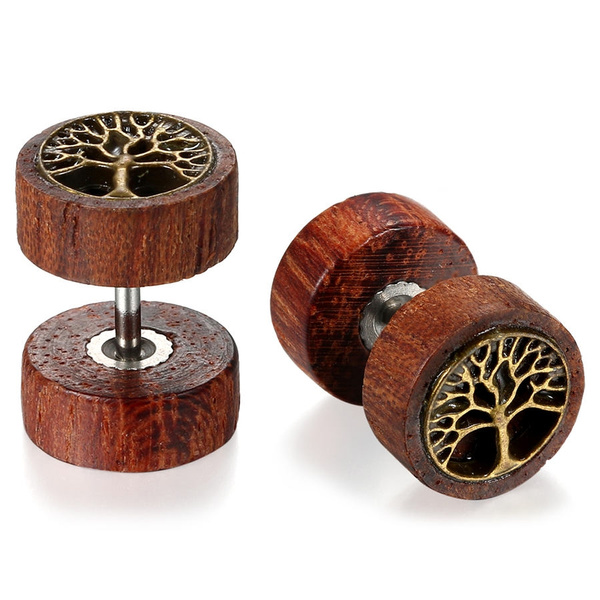 Wooden Earrings Double Sided Round Life Tree Stud Earrings For Men Women Punk Gothic Barbell Earrings Female Male