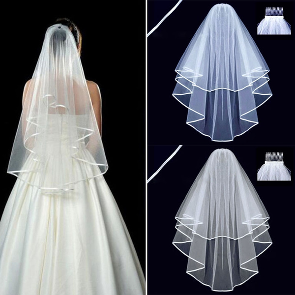 Short Tulle Wedding Two Layer White Ivory Bridal Veil with Comb Ivory