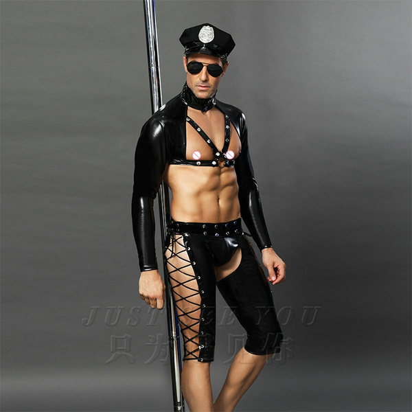 Fancy PVC Cops Dress Men Halloween Costume Police Uniforms Men Sexy Costumes Hot Erotic Sexy Police Officer Cosplay Costume