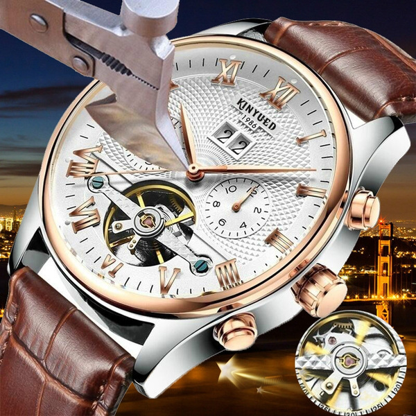 KINYUED Classic Skeleton Tourbillon Mechanical Watch Men Automatic Leather Mechanical Wrist Watches Reloj Hombre